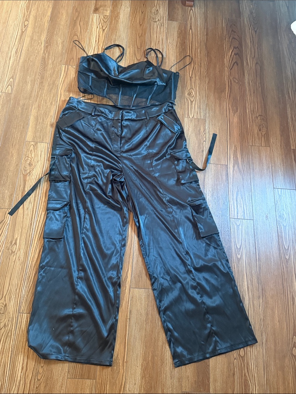 Black Satin Wide-Leg Cargo Pants with Straps and Top
